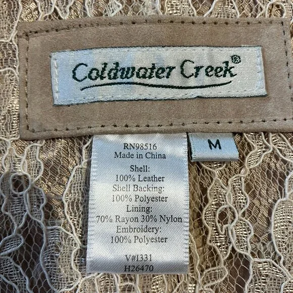 Coldwater Creek Leather Suede Floral Embroidered Zip Vest Lace interior Brwn/Med - Picture 1 of 9